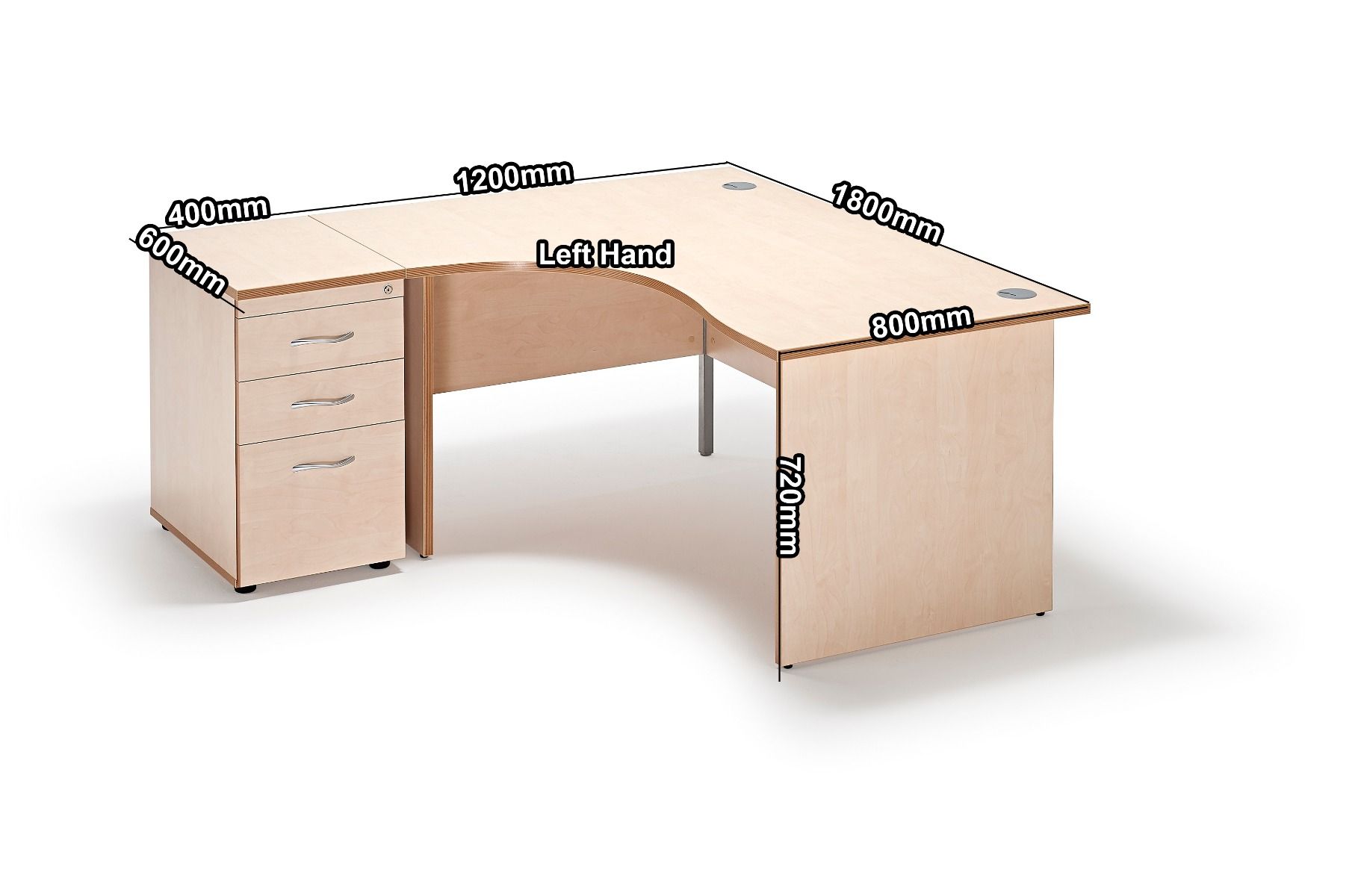 Curved Maple Panel Leg Desk With A 600mm Deep Desk High Pedestal