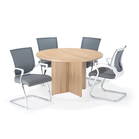 American Light Oak Circular Office Table With Grey and White Cantilever Chairs Bundle