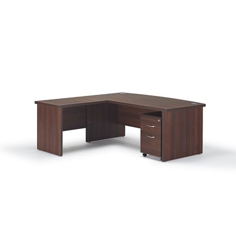 Premium Executive Walnut Bow Fronted Office Desk with Return and Mobile Pedestal