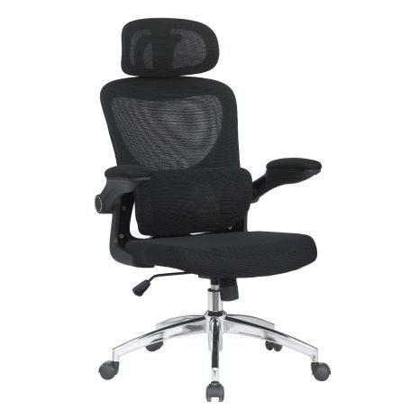 Black Ergonomic Mesh Chair With Folding Arms Lumbar Support And Headrest