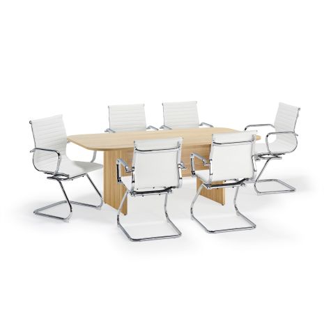 Modern American Light Oak Rectangular Boardroom Table with White Charles Eames Style Leather Boardroom Chair Bundle