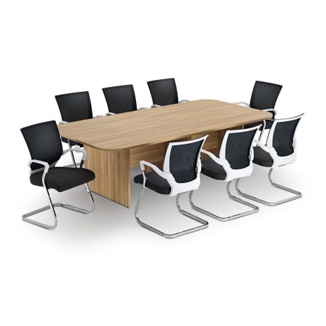 Modern American Light Oak Rectangular Boardroom Table with Black and White Cantilever Chairs Bundle