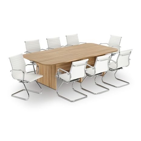 Modern American Light Oak Rectangular Boardroom Table with White Eames Style Leather Boardroom Chair Bundle