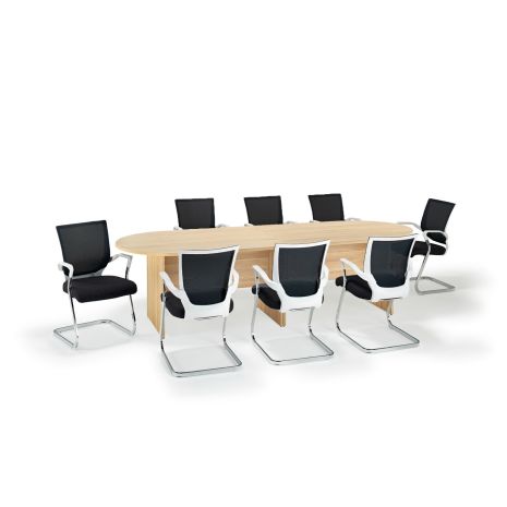 American Light Oak Executive Modular Boardroom Table and Black And White Mesh Chairs Bundle