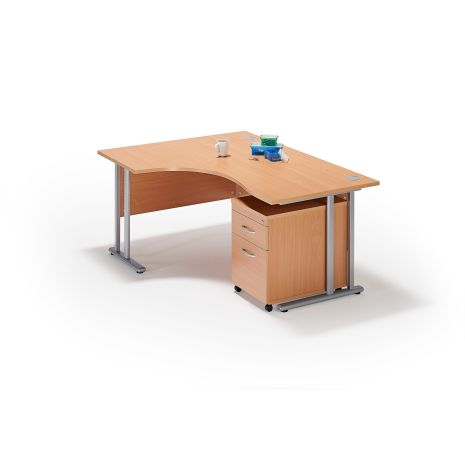 Left Hand Curved Desk with Two Drawer Pedestal