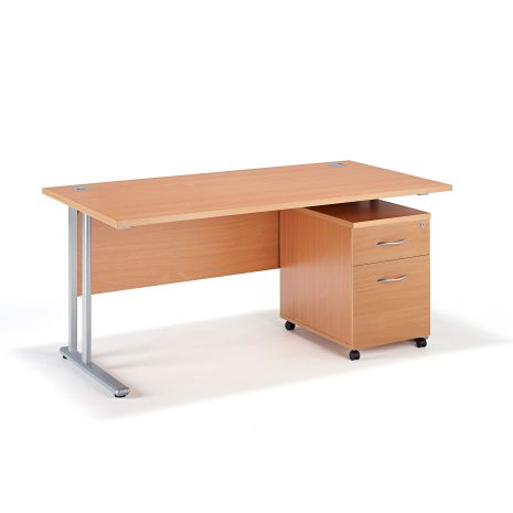 Straight Beech Cantilever Office Desk with Mobile Pedestal - Two Drawer Pedestal
