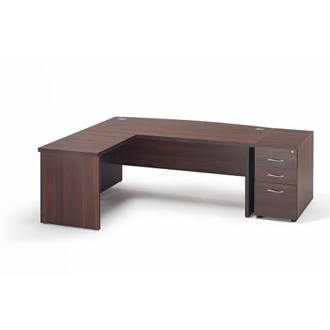 Premium Executive Walnut Bow Fronted Office Desk with Return and 800mm Desk High Pedestal Left Hand