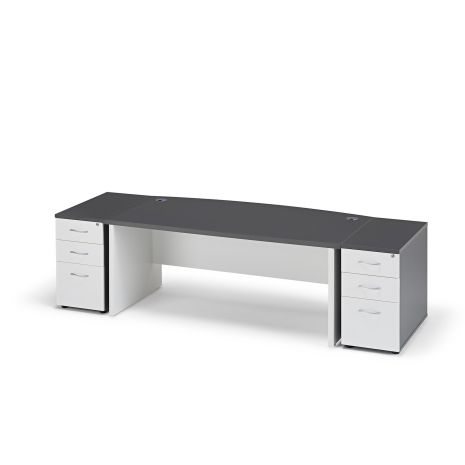 Graphite Grey Premium Executive Bow Fronted Desk with White Legs and Two 800mm Desk High Pedestals