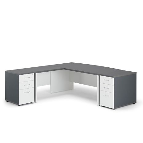 Graphite Grey Premium Executive Bow Fronted Desk with White Legs, Return and Desk High Pedestals