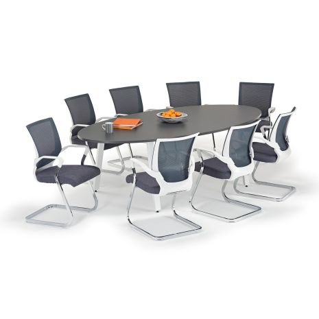 Graphite Oval Boardroom Table With Grey And White Mesh Chairs