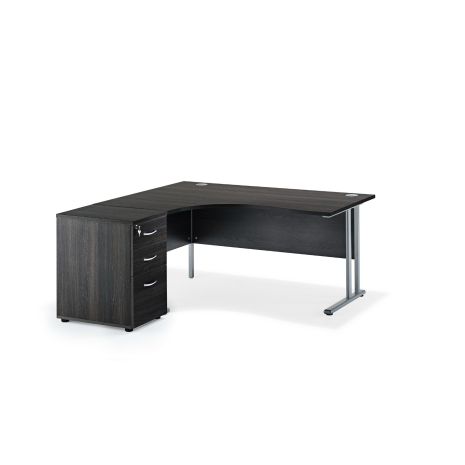 Curved Graphite Grey Oak Cantilever Desk and 600mm Desk High Pedestal
