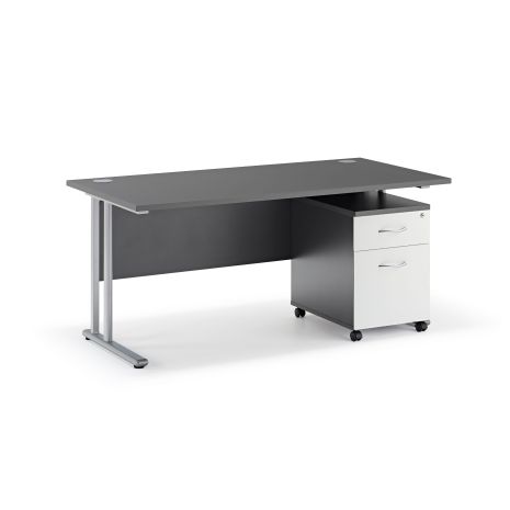 Graphite Grey Straight Cantilever Desk and Two Drawer Mobile Pedestal