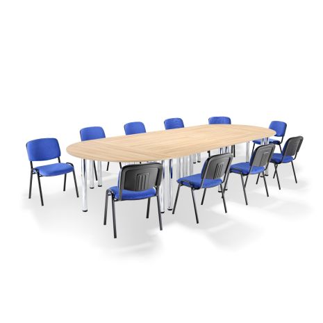 American Light Oak Modular Boardroom Table on Chrome Legs with Blue Side Chairs Bundle