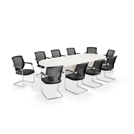 White Executive Modular Boardroom Table And Black Medium Back Mesh Cantilever Chairs - Seats 8-16