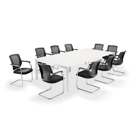 White Executive Bench Style Table with Black Medium Back Mesh Cantilever Chairs - Seats - 8-20