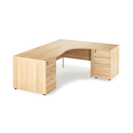 Curved American Light Oak Panel Leg Desk and 2 Desk High Pedestals Bundle