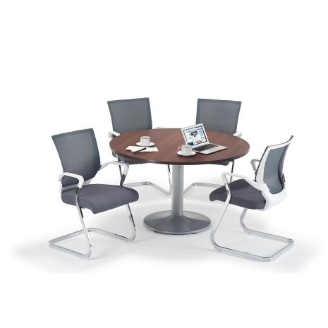 Walnut Circular Office Table And Trumpet Base With Grey And White Cantilever Chairs Bundle