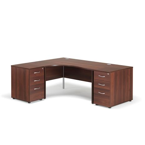 Curved Walnut Panel Leg Office Desk and Two Desk High Pedestals