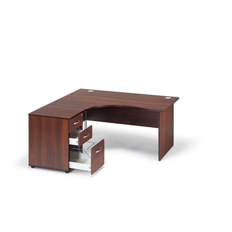 Curved Walnut Panel Leg Office Desk and 600mm Deep Desk High Pedestal
