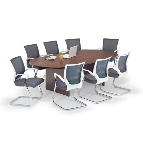 Walnut Executive Boardroom Table With Grey And White Chairs Bundle