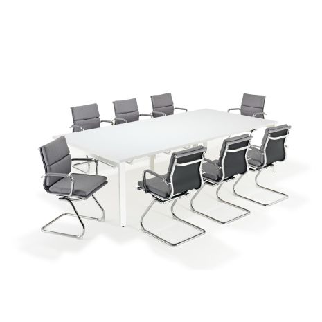 White Executive Bench Style Tables with Eames Inspired Grey Fabric Soft Pad Cantilever Chairs - Seats 8-20