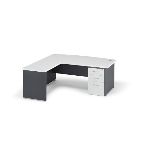 White Premium Executive Bow Fronted Desk with Graphite Grey Legs, Return and 600mm Desk High Pedestal