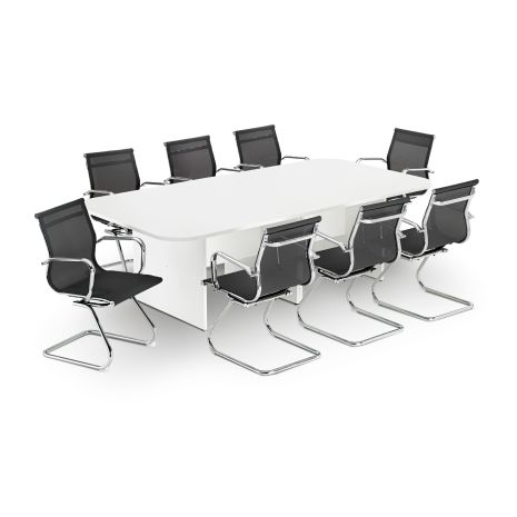 Modern White Rectangular Boardroom Table with Black Mesh Cantilever Chair Bundle