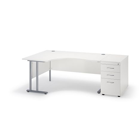 Curved White Cantilever Office Desk and 800mm Deep Desk High Pedestal