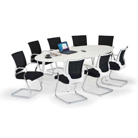 White Oval Boardroom Table with Black And White Chairs