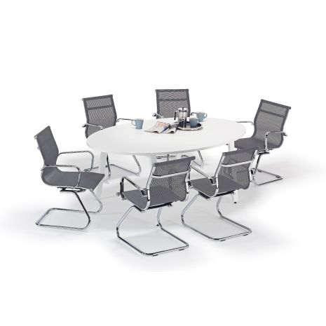 White Oval Boardroom Table and Grey Mesh Cantilever Chairs