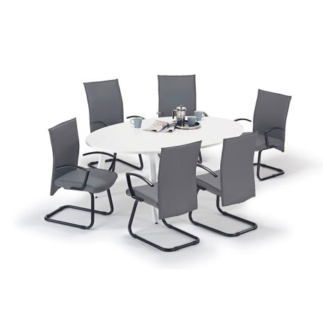 White Oval Boardroom Table and Grey Modern Cantilever Chairs Bundle