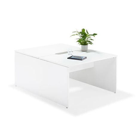 White Executive Bench Desks with Wooden Legs Pod of Two