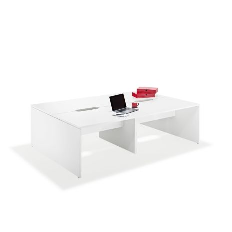 White Executive Bench Desks with Wooden Legs Pod of Four